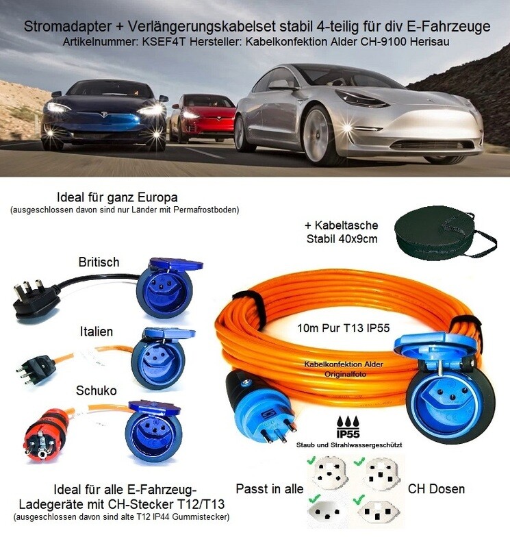 Adapter + Verlängerungskabelset 4-t. Ideal für Tesla, VW, Audi, Renault usw. ab 169.-