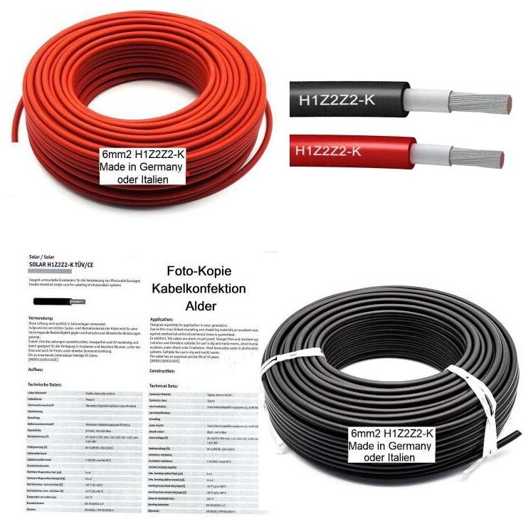 Solarkabel 6mm2 Qualitätskabel Set je 25m Made in Germany + Italien
