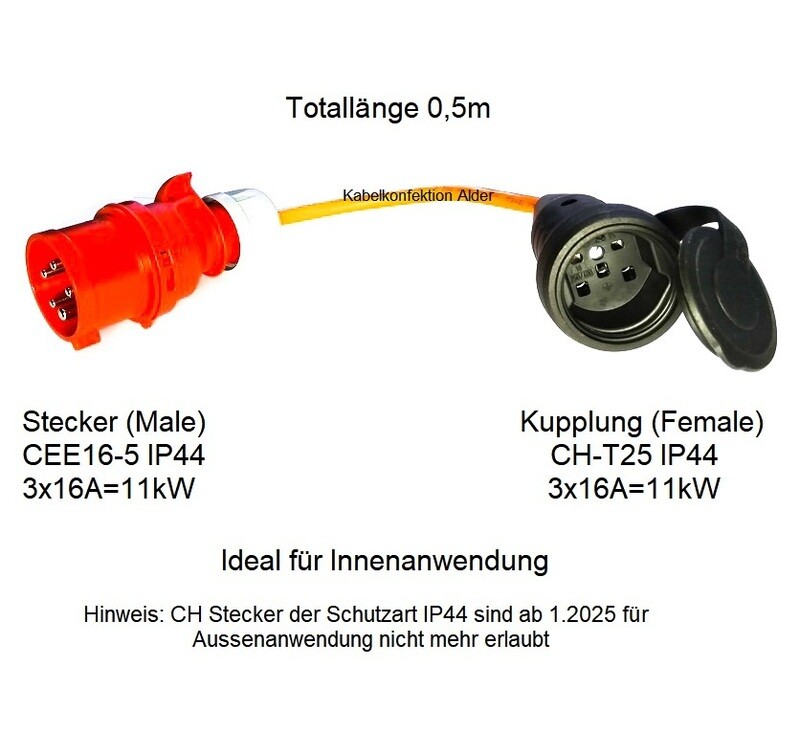 Stromadapter CEE16-5 Stecker auf T25 Kupplung IP20 Purkabel für Innenanwendung