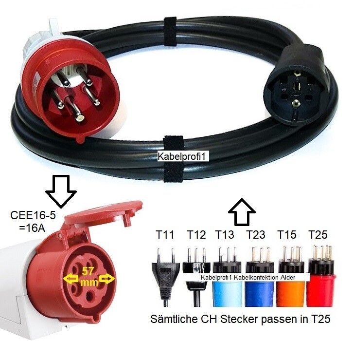 Stromadapter CEE16-5 Stecker auf T25 Kupplung IP20 PVC Kabel für Innenanwendung