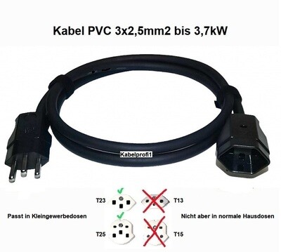 T23 Verlängerungskabel bis 3,7kW PVC schwarz für Innenanwendung IP20 ab 23.-