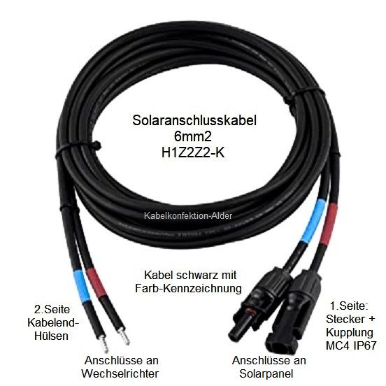 Solarkabel 6mm2 Verbindungskabel Solarpanel zu Wechselrichter MC4 + EH