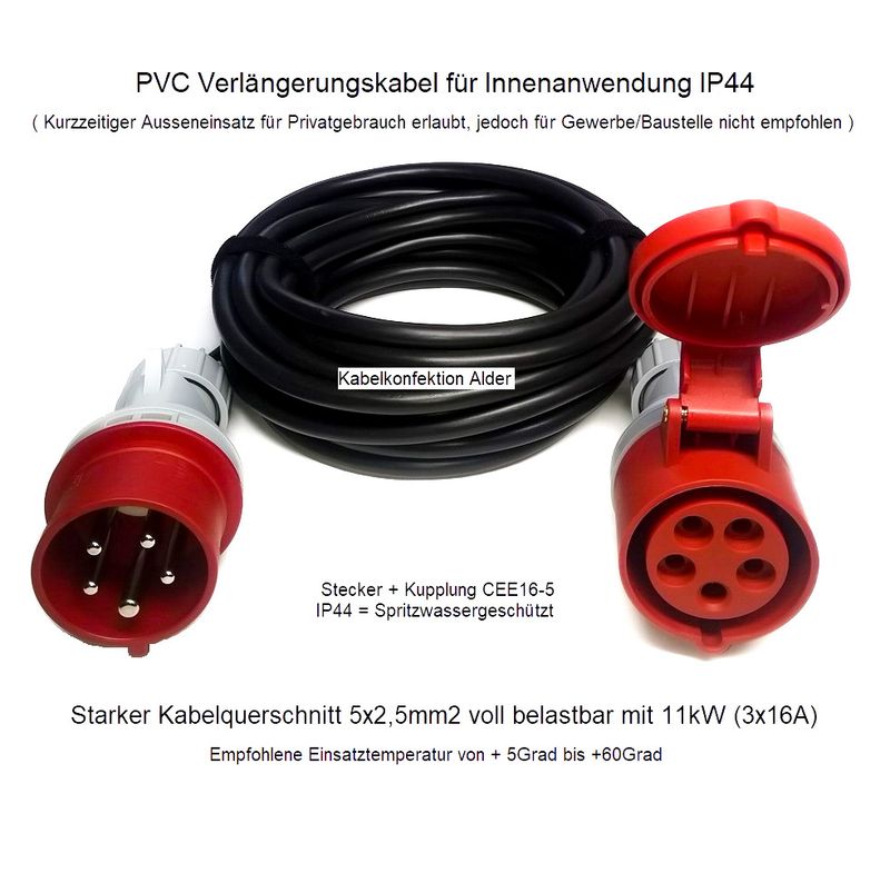 10 Meter PVC Verlängerungskabel CEE16-5 230-400V 5x2,5 Aktion nur 49.90.-