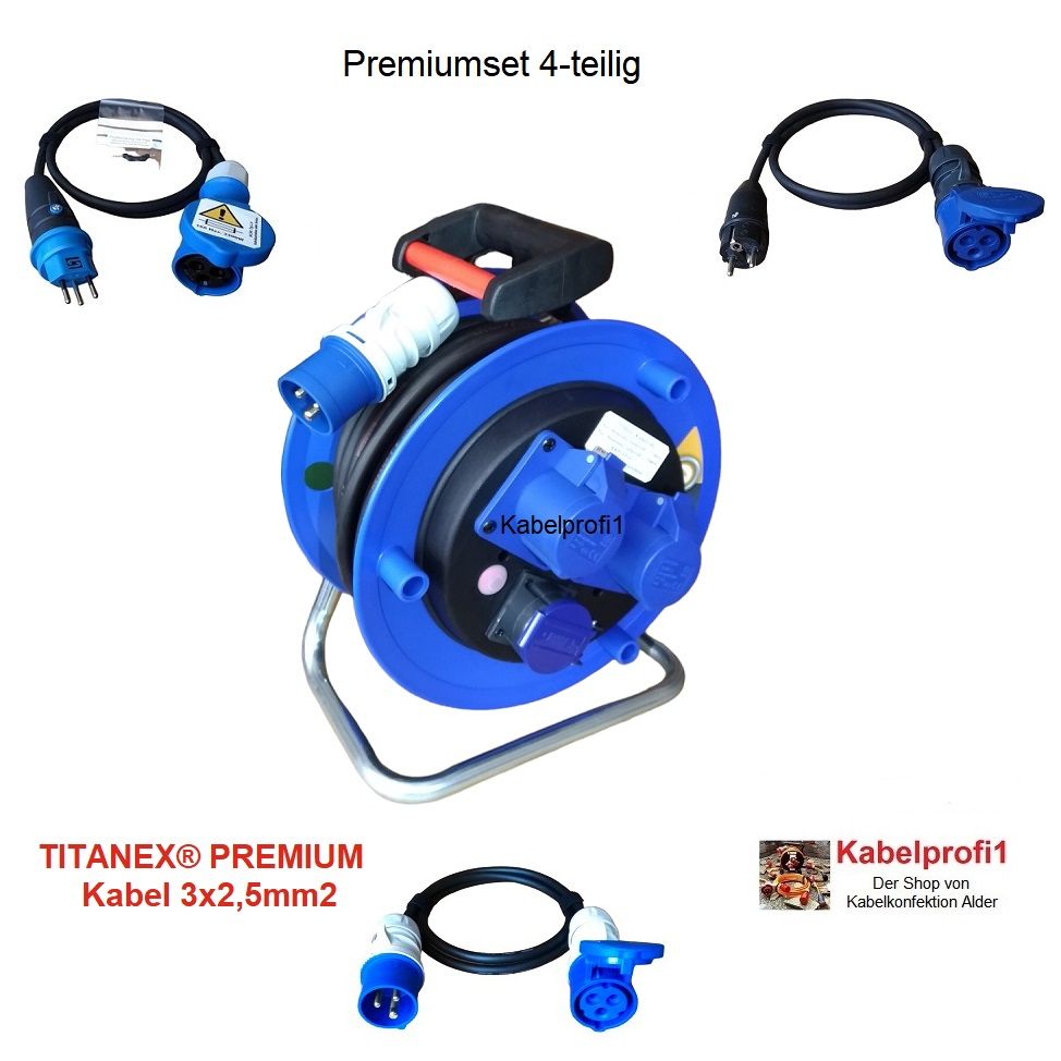 4-teiliges Kabelrolle Set Camping mit Kabel TITANEX® PREMIUM CEE16-3 auf 2x CEE16-3 und 1x T23 div. Längen