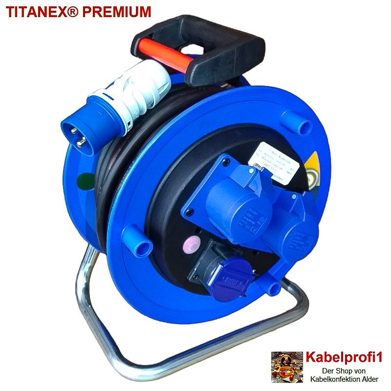 Kabelrolle Camping, Baustelle mit TITANEX® PREMIUM Kabel CEE16-3 auf 2x CEE16-3 und 1x T23 div. Längen