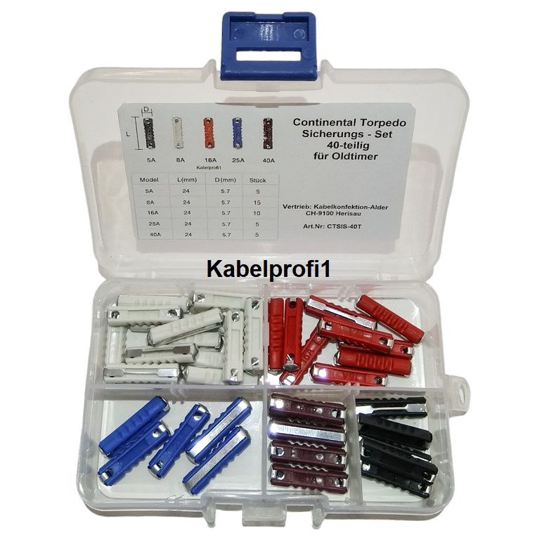 Oldtimer Sicherungs Sortiment 40-teilig mit Torpedo Continentalsicherungen 5A - 40A