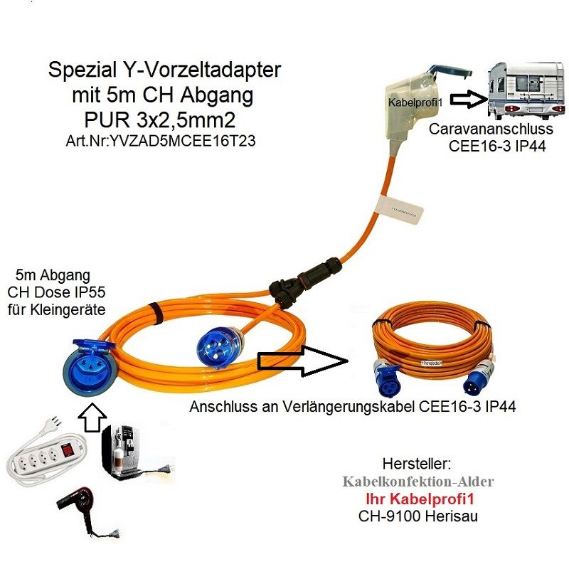 Pur Camping Y-Vorzeltadapter mit 5 Meter CH Abgang 3x2,5mm2 bis 3,7kW nur 89.90.-