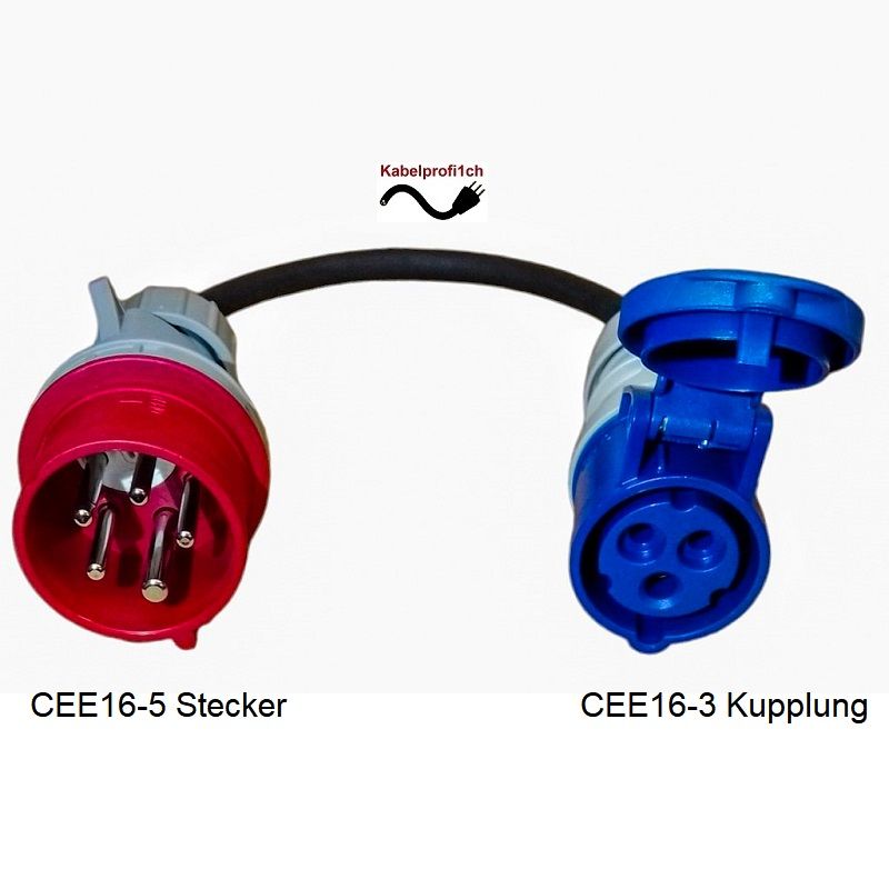 Stromadapter Pur CEE16-5 auf CEE16-3 IP44, 3x2,5mm2 bis 3,7kW div. Längen ab 35.-
