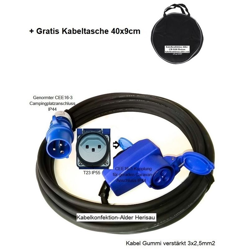 Caravankabel Gummi verstärkt CEE16-3, 3x2,5mm2 mit separatem CH Abgang und Kabeltasche ab 105.90.-