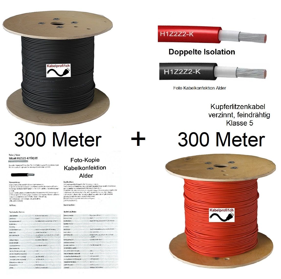 Solarkabel 6mm2 H1Z2Z2-K 300m rot + 300m schwarz Sonderpreis nur 679.-