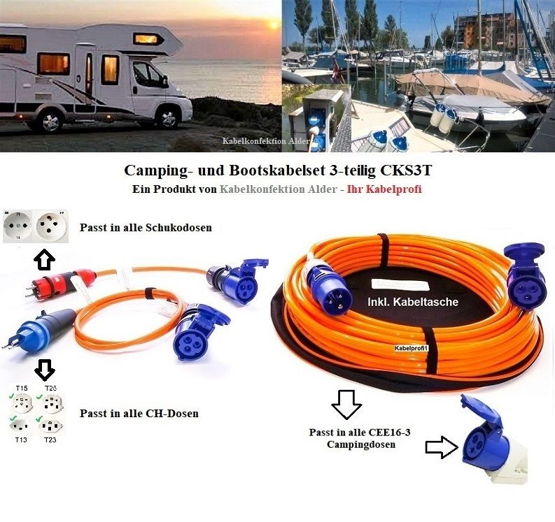 Campingkabel und Bootskabel Purkabel Set 3-teilig  CEE16-3 3x2,5mm2 inkl. Tasche ab 145.-