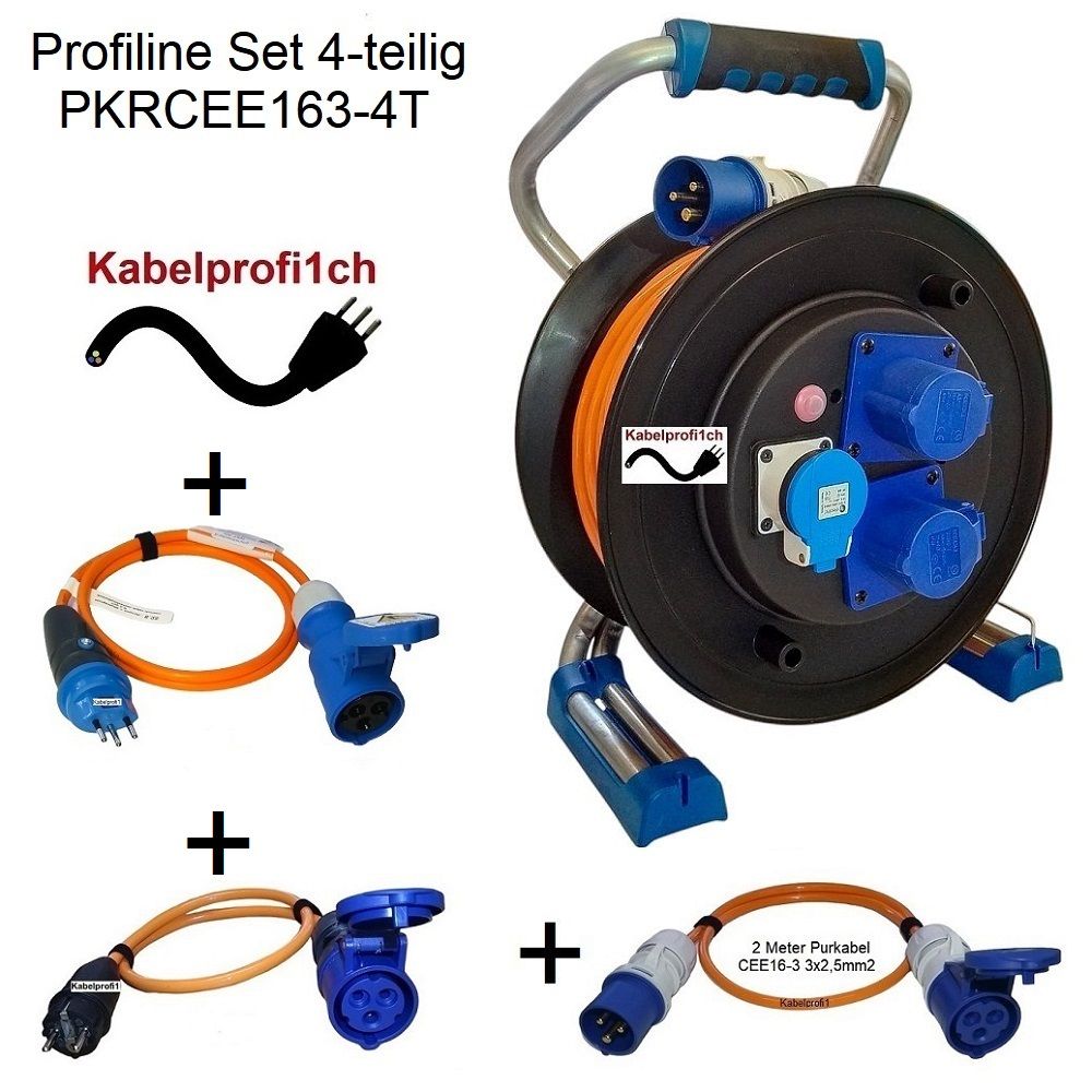 4-teiliges Profiline Pur-Kabelrolle Set Camping, Boot CEE16-3 auf 2x CEE16-3 und 1x T23 Längen 50-70Meter
