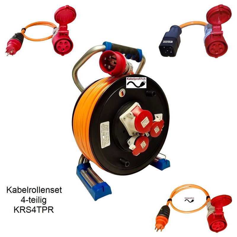 Kabelrolle Set 4-teilig Profiline schlagfest CEE16-5 IP44/55 5x2,5mm2 max. Belastung 11kW, von 25-50 Meter verfügbar ab 399.-