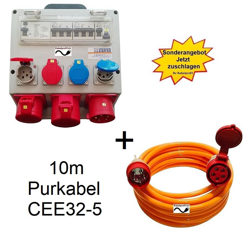 Stromverteiler 32A für Wandmontage Innenanwendung + Purkabel CEE32-5