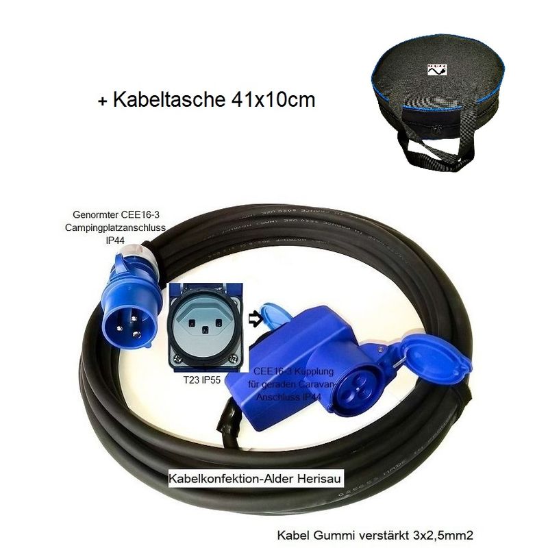 Caravankabel Gummi verstärkt CEE16-3, 3x2,5mm2 mit separatem CH Abgang und Kabeltasche ab 105.90.-