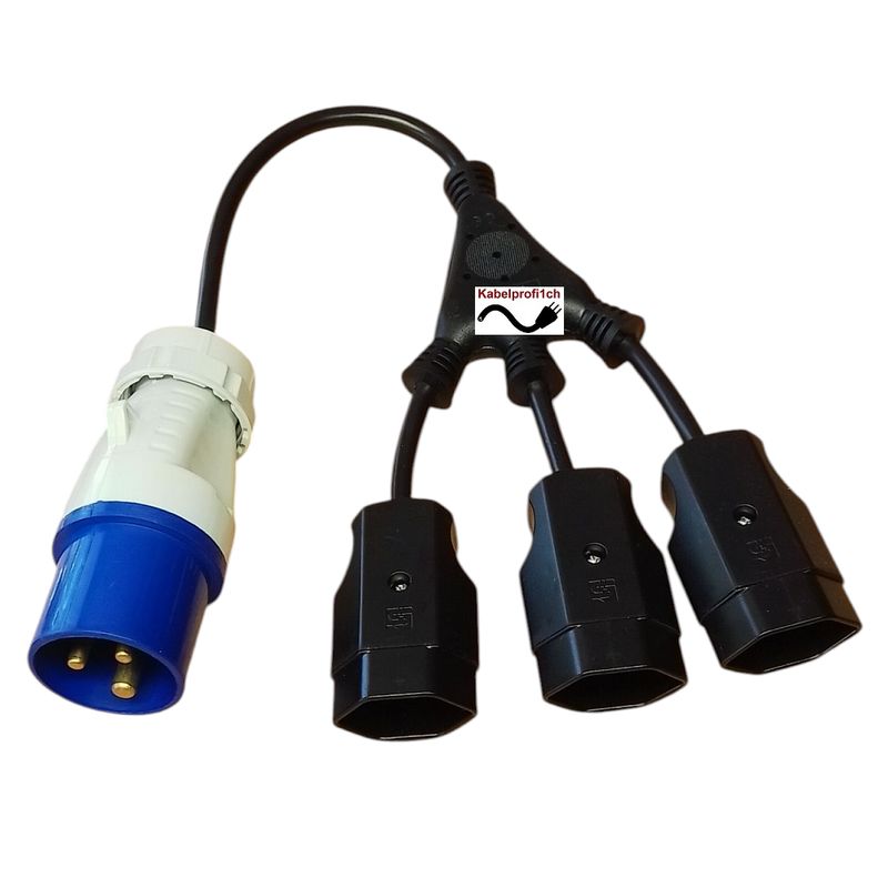 Stecker CEE16-3 auf 3x CH T23 IP20 Doppelkupplung für Innenanwendung kurz
