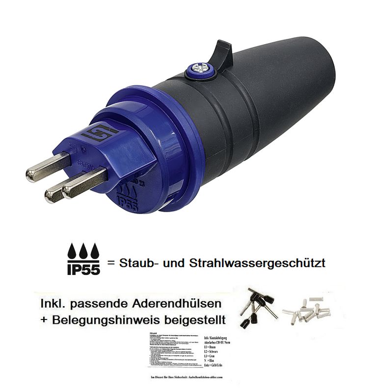 Stecker T23 IP55 Staub- und Strahlwassergeschützt für Innen und Aussenanwendung SN441011