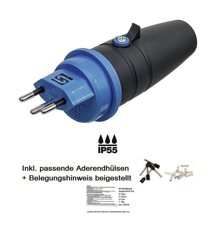 Stecker T13 IP55 Staub- und Strahlwassergeschützt für Innen und Aussenanwendung SN441011