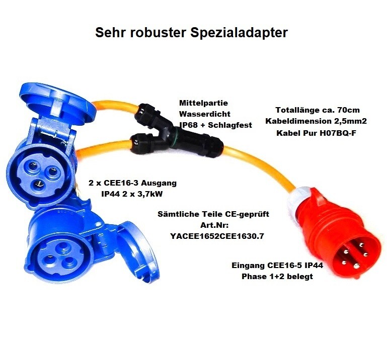 Sehr robuster Pur Spezialadapter CEE16-5 auf 2x CEE16-3 IP44 ab 65.90