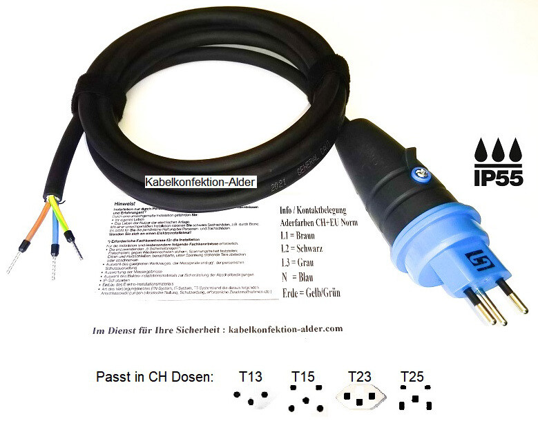 T13 IP55 Gummi Geräteanschlusskabel 3G1,5mm2 für Innen- und Aussenanwendung ab 29.-