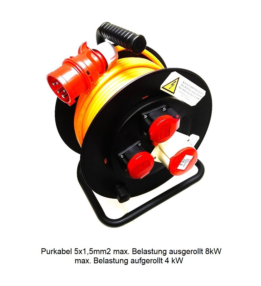 Kabelrolle mit Purkabel CEE16-5 IP44/55 5x1,5mm2 max. Belastung 8kW, 40 und 50 Meter verfügbar ab 239.-
