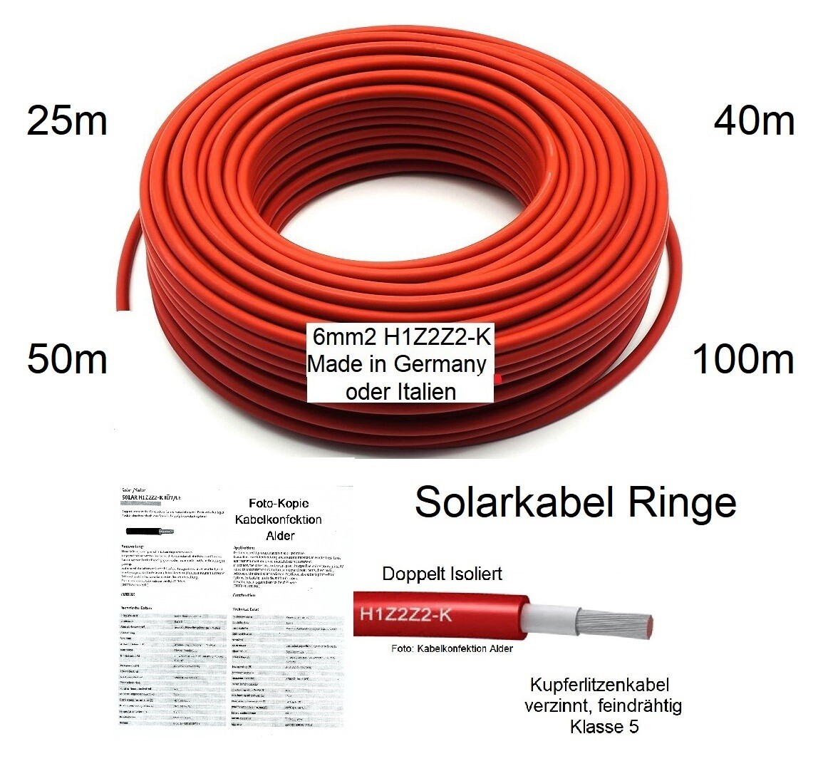 Solarkabel 6mm2 rot H1Z2Z2-K Qualitätskabel Solar Ringe 25m, 40m, 50m, 100m ab 45.90