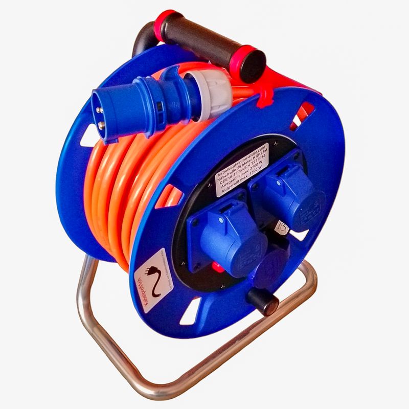 Pur-Kabelrolle Camping, Baustelle CEE16-3 auf 2x CEE16-3 und 1x T23 div. Längen