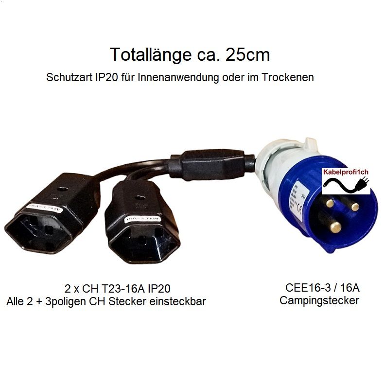 Stecker CEE16-3 auf CH T23 IP20 Doppelkupplung für Innenanwendung kurz