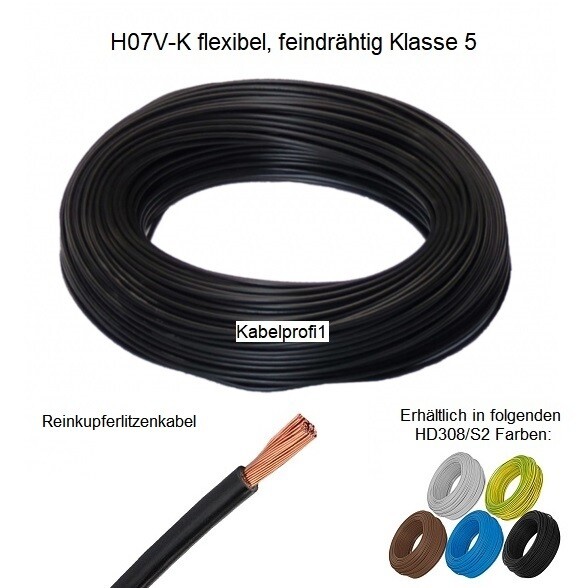 Einzelleiter Steuerlitze (Minus-) H07V-K schwarz 2,5mm2 Meterware, 50m Ringe oder 100m Spulen