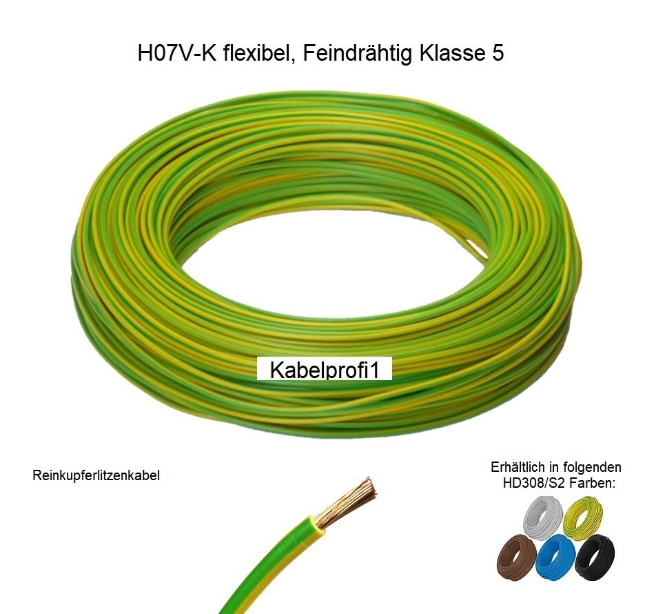 Erdungslitze H07V-K gelb-grün 2,5mm2 Meterware, 50m Ringe oder 100m Spulen