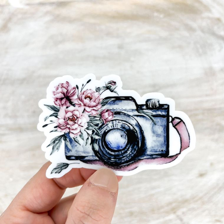 Floral Camera With Strap, Clear Vinyl Sticker, 3 in.