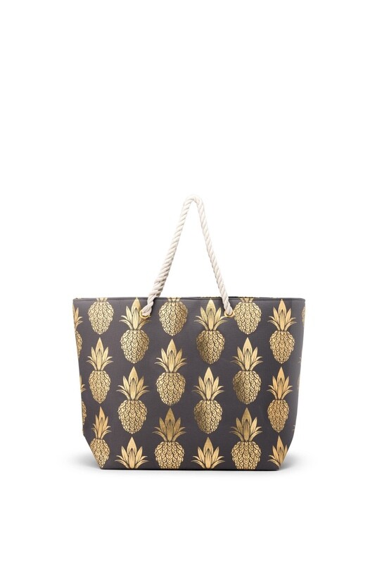 Extra Large Cotton Canvas Fabric Beach Tote Bag-Gold Pineapple