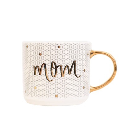 Mom - Gold, White Tile Hand Lettered Coffee Mug - 17 oz