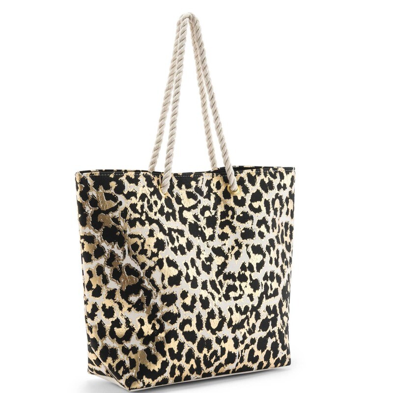 Extra Large Cotton Canvas Beach Bag- Leopard Print