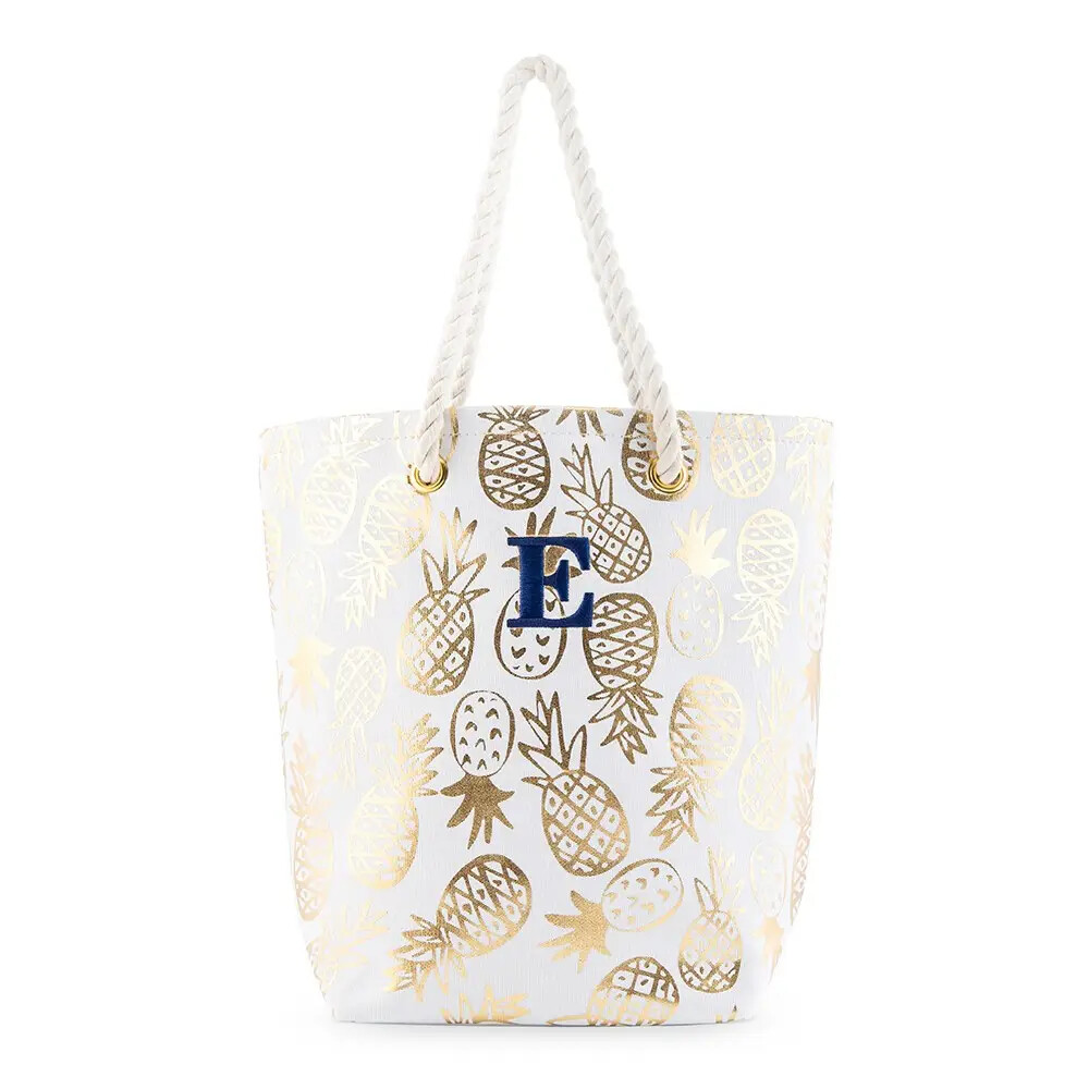 Cotton Canvas Beach Tote Bag - Gold Pineapple Print