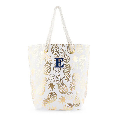 Cotton Canvas Beach Tote Bag - Gold Pineapple Print