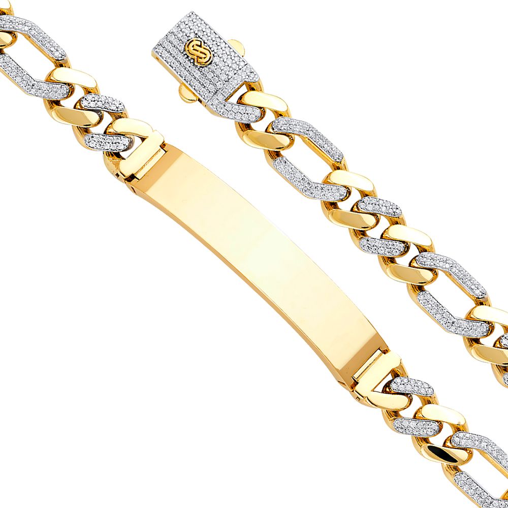 14KY 9.5mm Hollow Figaro CZ Monaco Bracelet with Plain ID