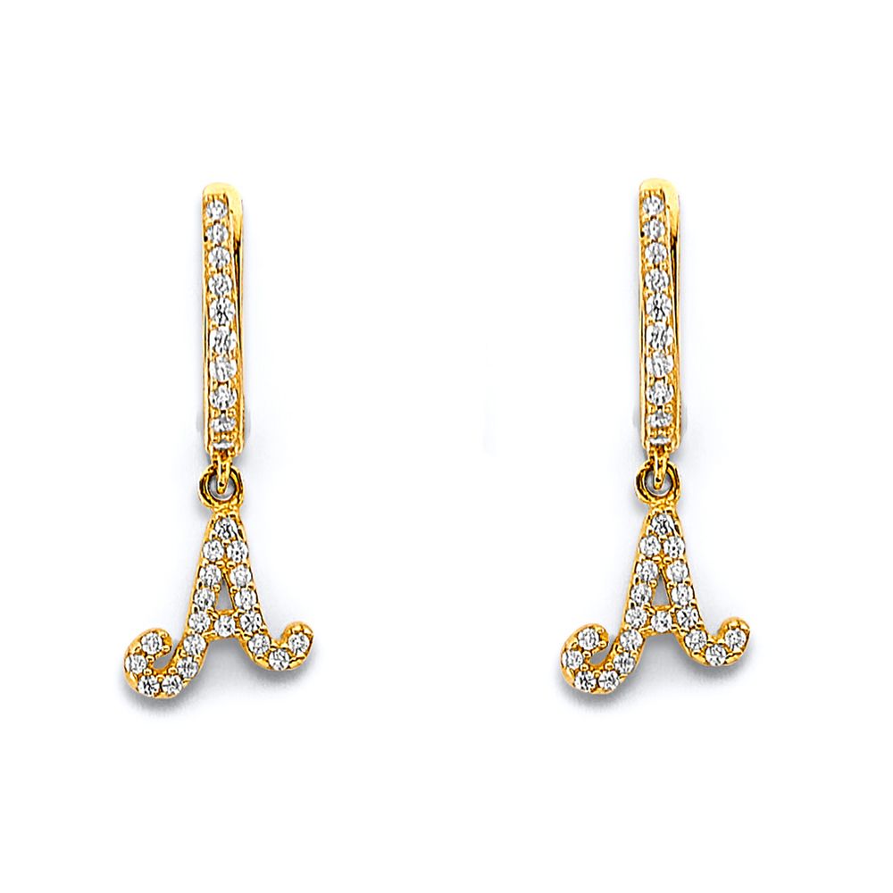 14K 2T CZ Hanging Initial Huggies Earrings