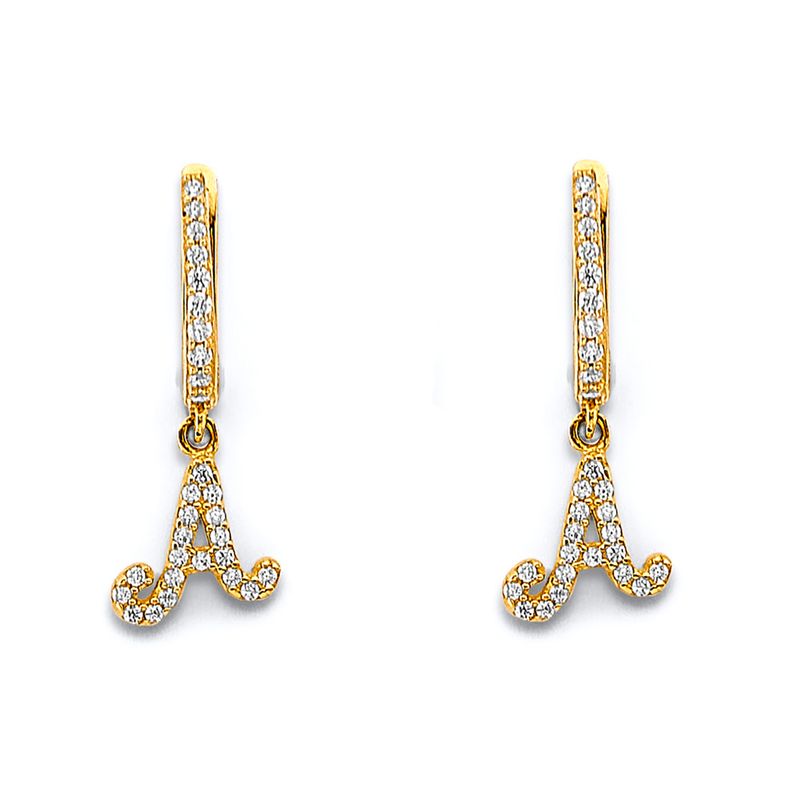 14K 2T CZ Hanging Initial Huggies Earrings