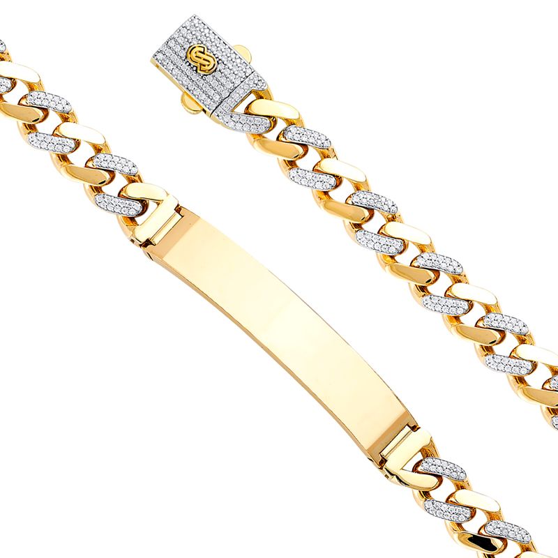 14KY 9.5mm Hollow Cuban CZ Monaco Bracelet with Plain ID