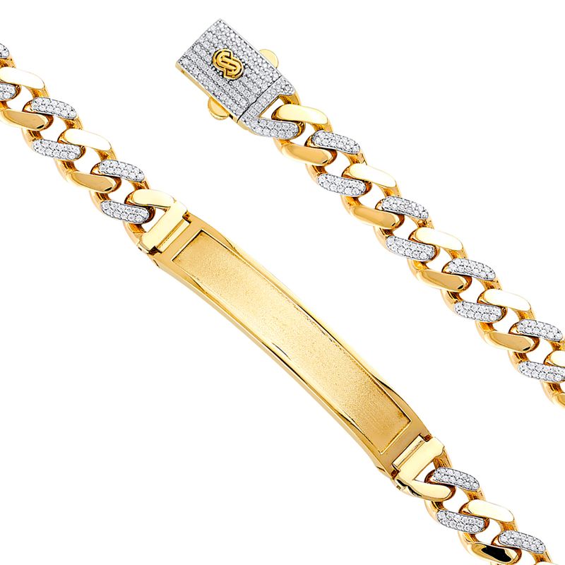 14KY 9.5mm Hollow Cuban CZ Monaco Bracelet with Frame ID
