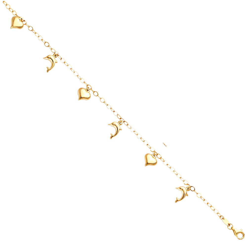 14KY Hanging Dolphin + Heart Bracelet &amp; Anklet