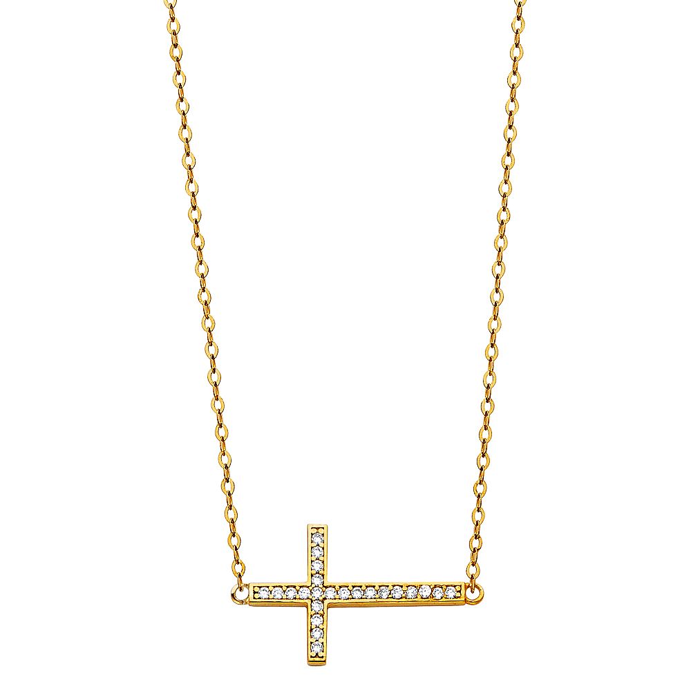 14KY CZ Side Way Cross Necklace