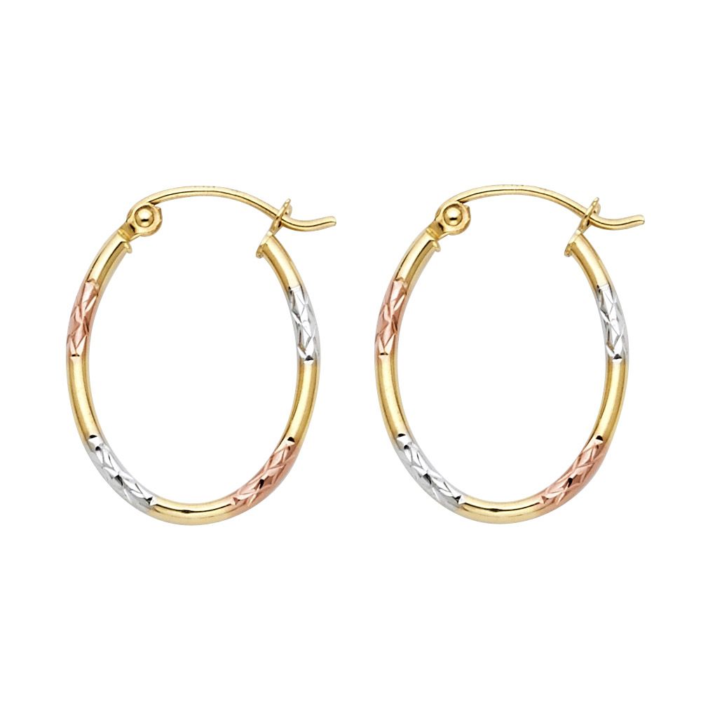 14K 3C Round Tube Oval Hoop Earrings (15X19mm)
