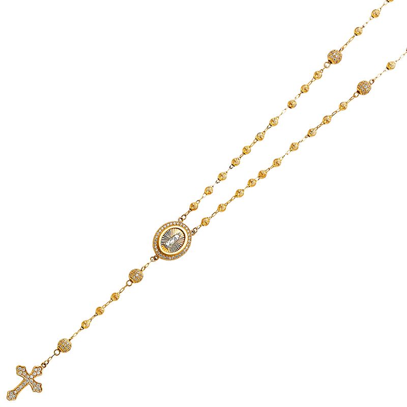 14KY CZ 3mm Moon Cut Ball Rosary Necklace