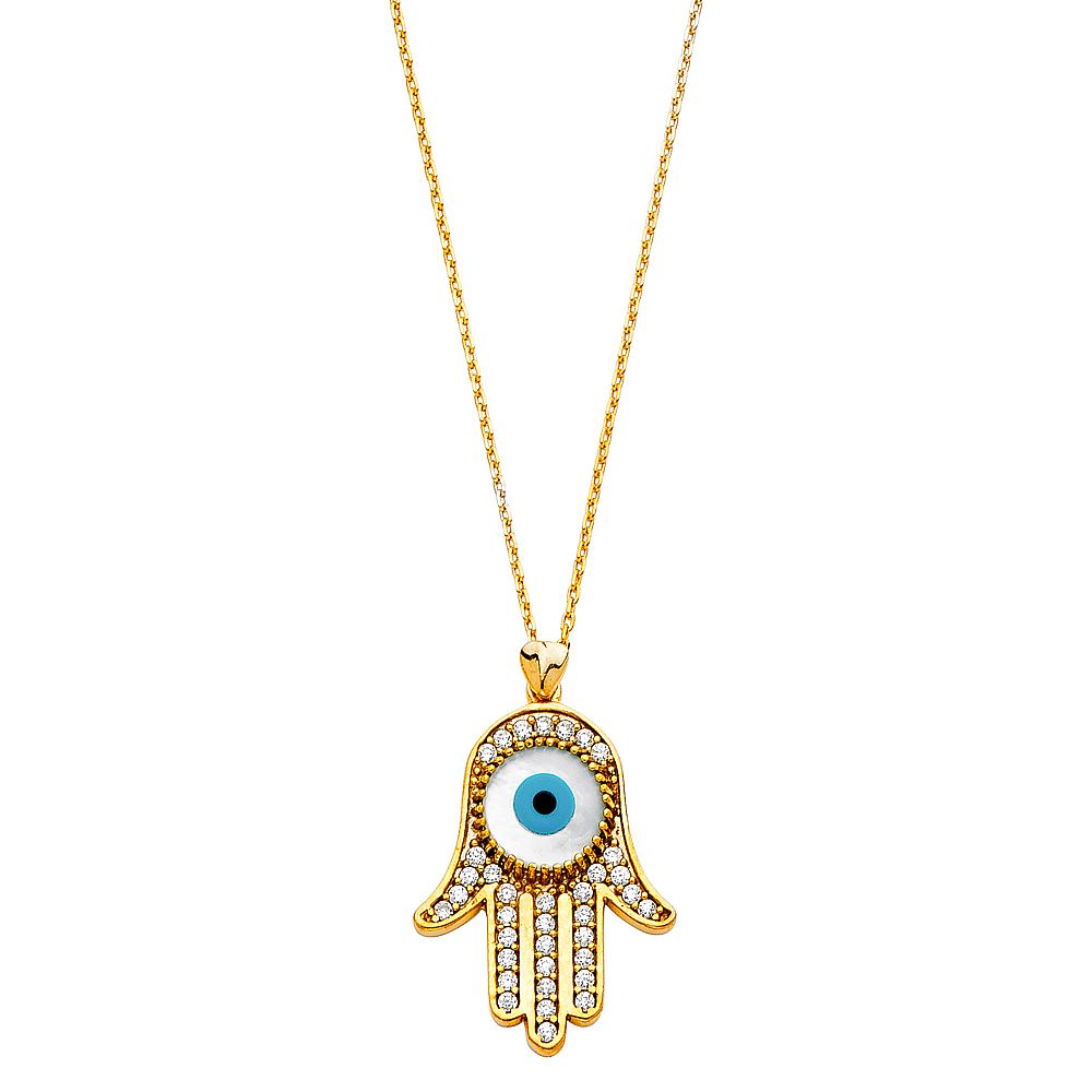 14KY CZ Evil Eye Hamsa Necklace