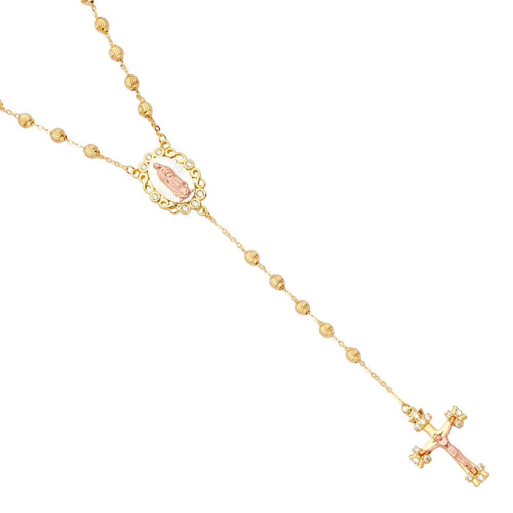 14K 3C 3mm Moon Cut Ball CZ Rosary Necklace