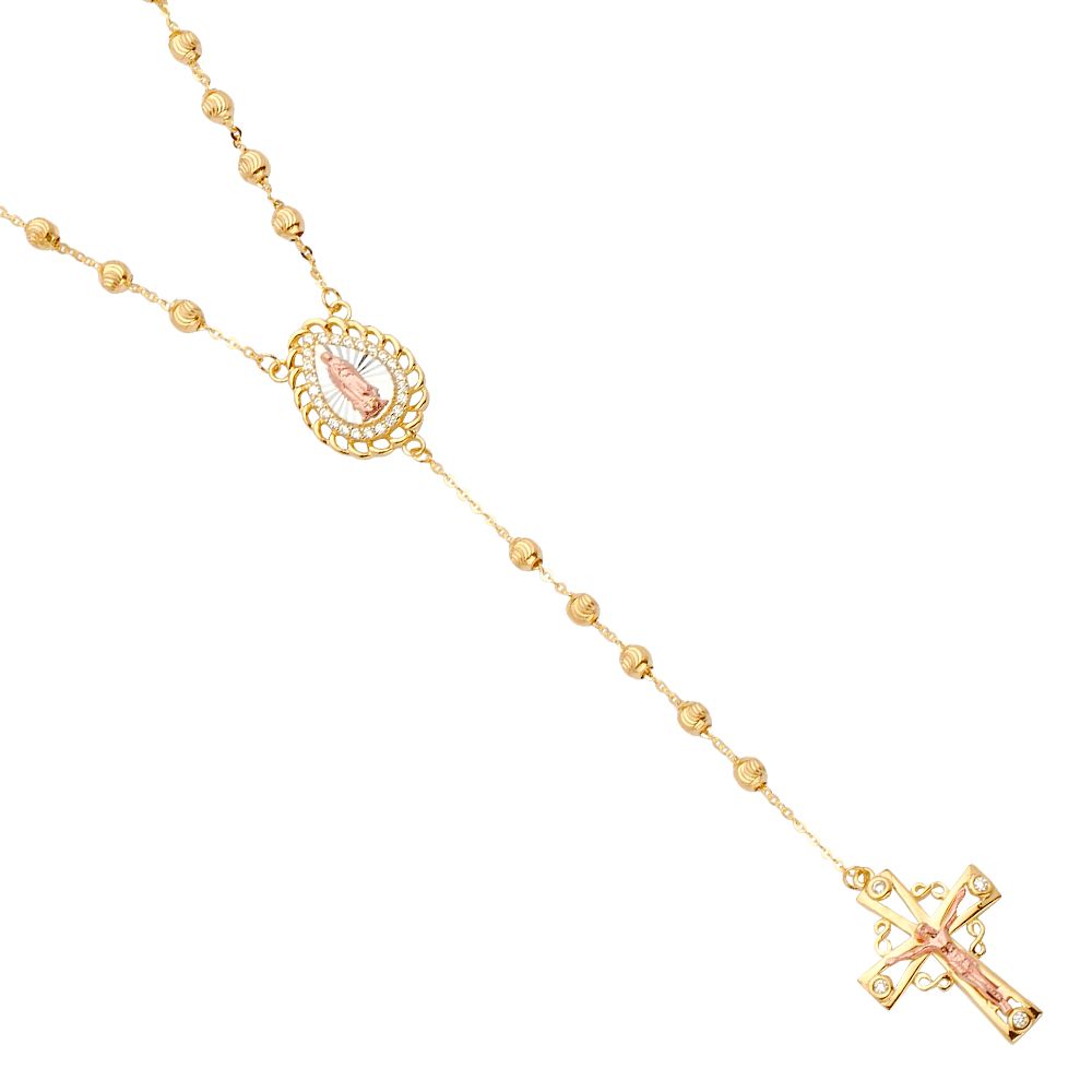14K 3C 3mm Moon Cut Ball CZ Rosary Necklace
