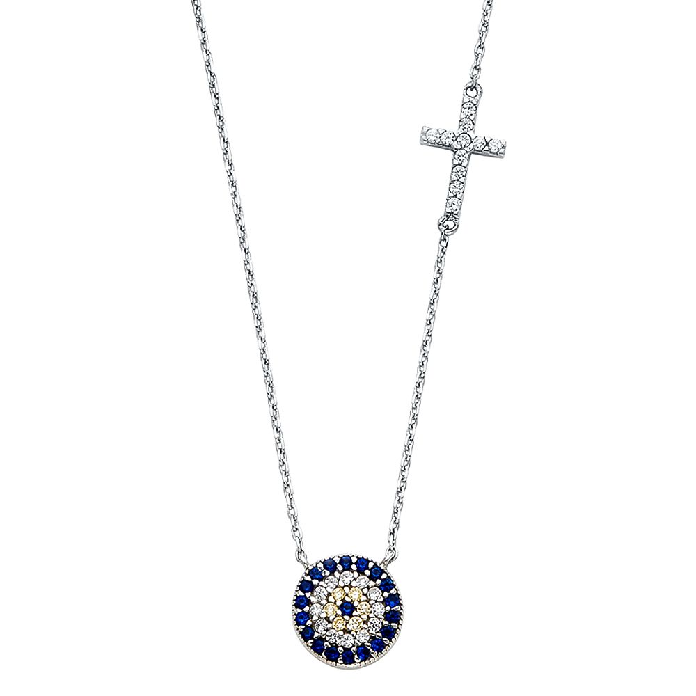 14KW CZ Evil Eye &amp; Cross Necklace