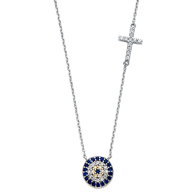 14KW CZ Evil Eye &amp; Cross Necklace